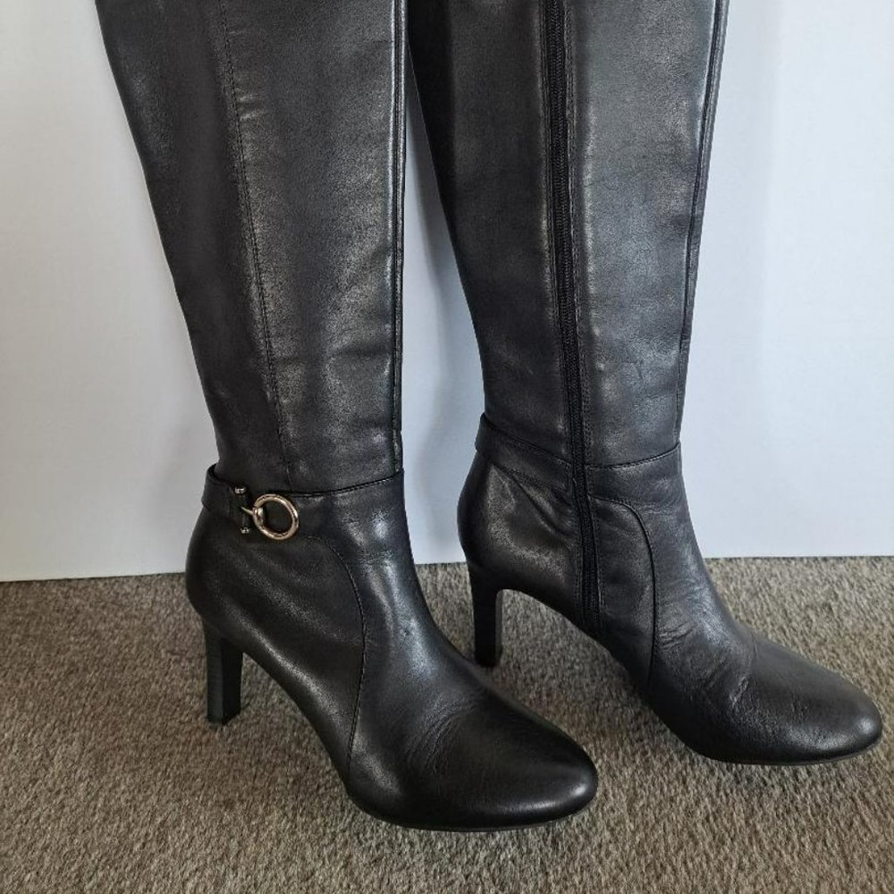 Bandolino Lella Boots, Size 7.5, Black Leather Boots, Women's Knee High Boots, L